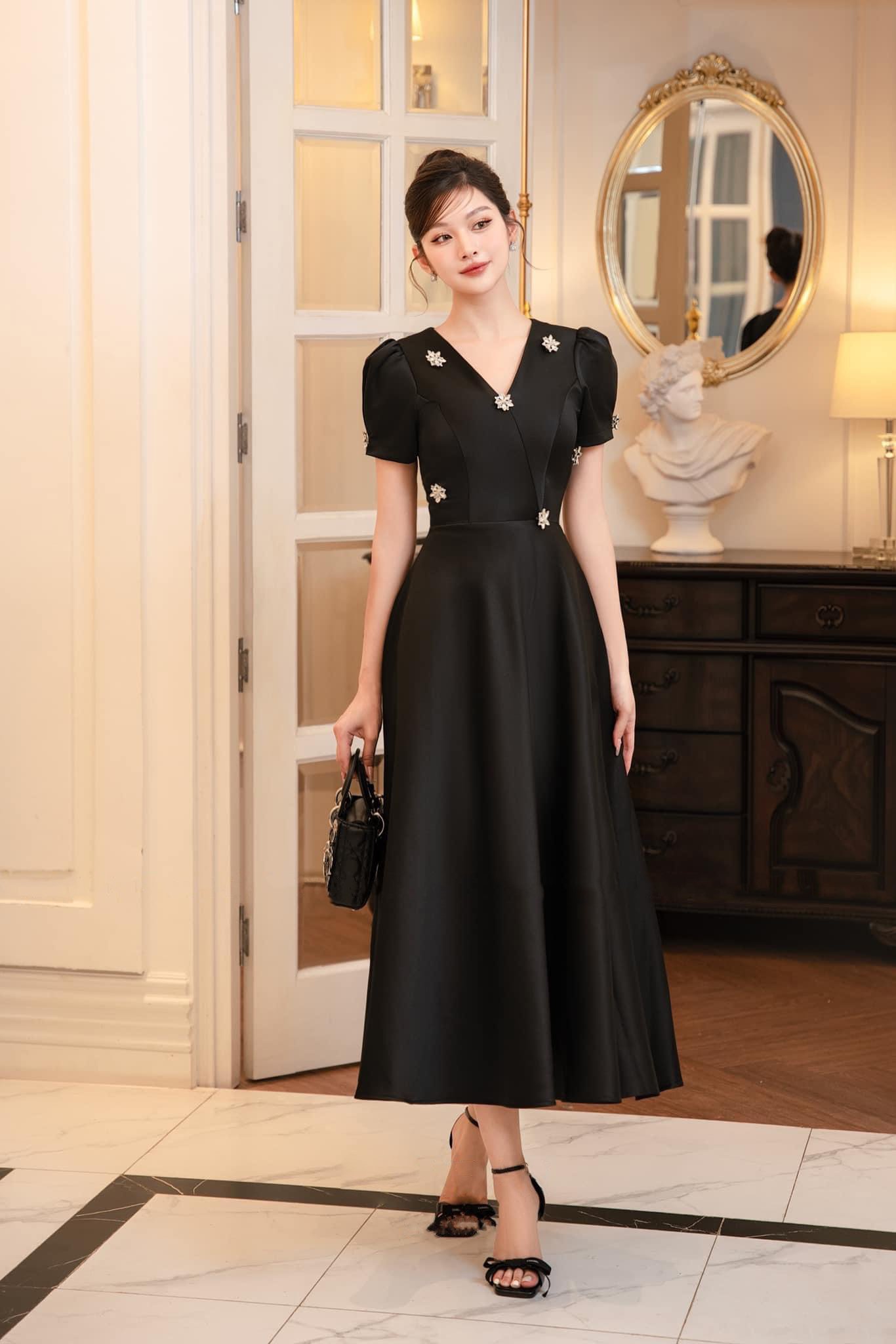 Đầm dự tiệc dáng xoè kiểu tay con cổ V đính hoa đá Alvin Store 1614