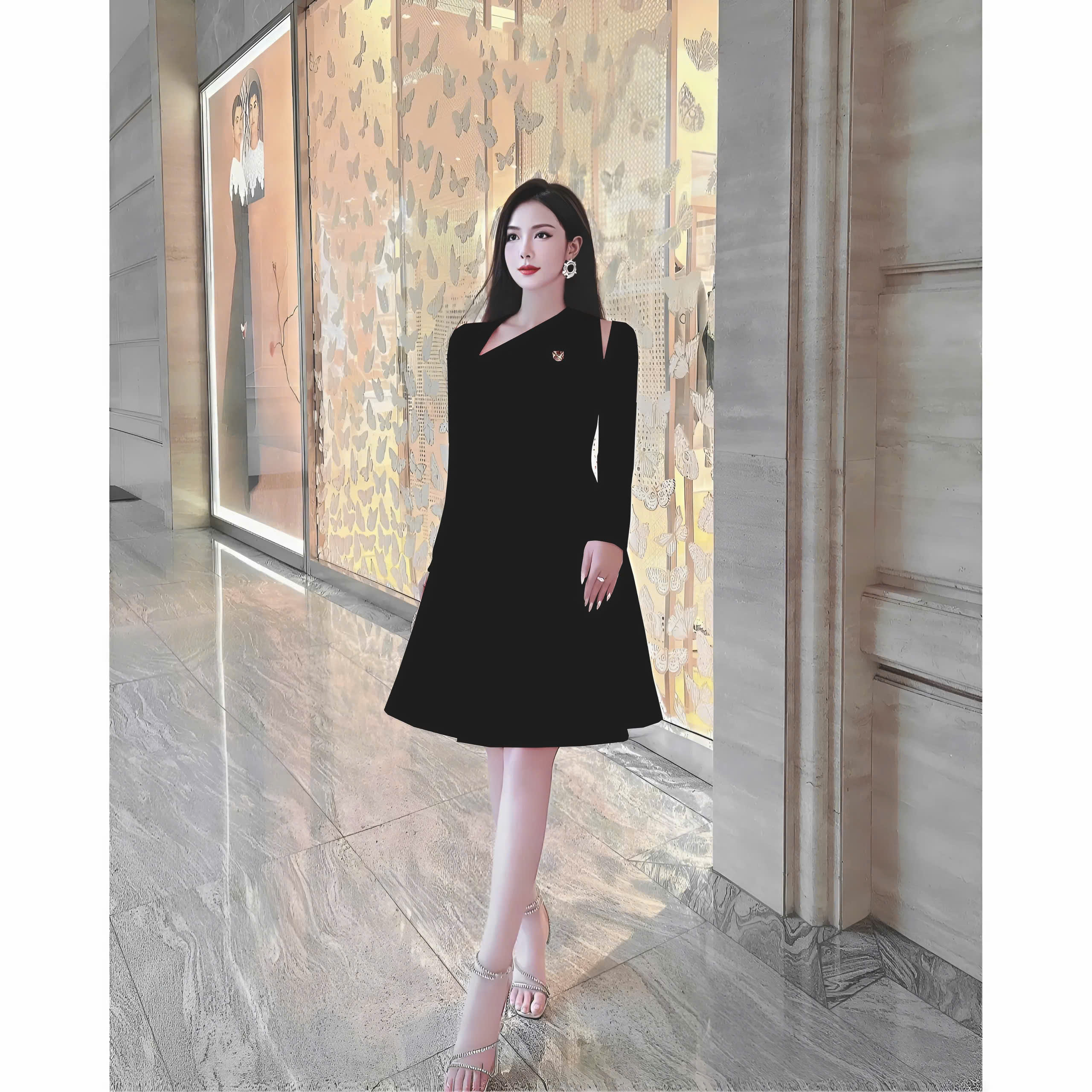 Đầm dự tiệc dáng xoè ngắn tay dài phối logo sang trọng Alvin Store 1616 (Đen)