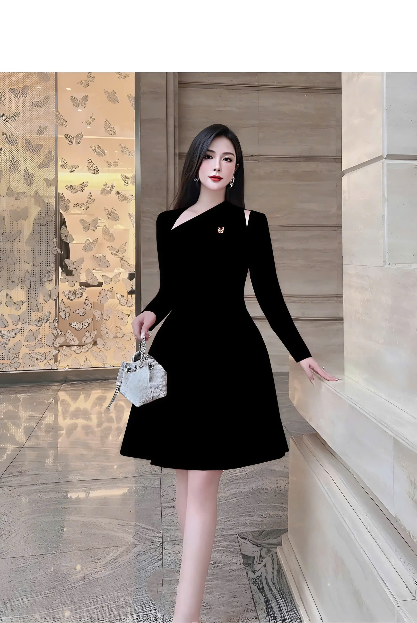 Đầm dự tiệc dáng xoè ngắn tay dài phối logo sang trọng Alvin Store 1616 (Đen)