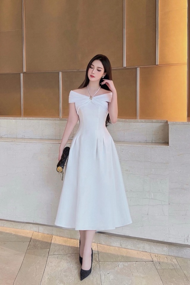 Đầm dự tiệc dáng xoè hở vai cột dây cổ sang trọng Alvin Store 1617 (Trắng)