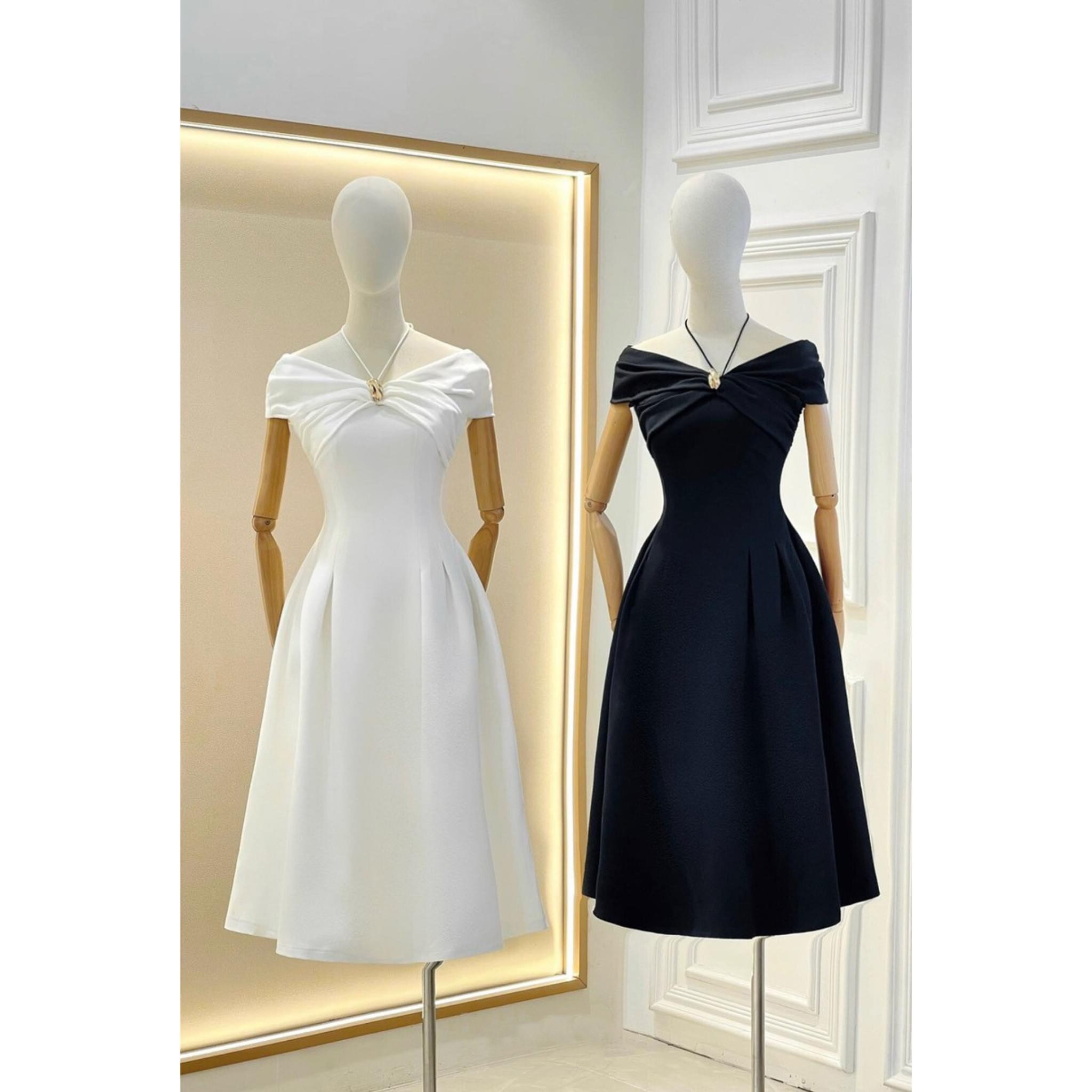 Đầm dự tiệc dáng xoè hở vai cột dây cổ sang trọng Alvin Store 1617 (Trắng)