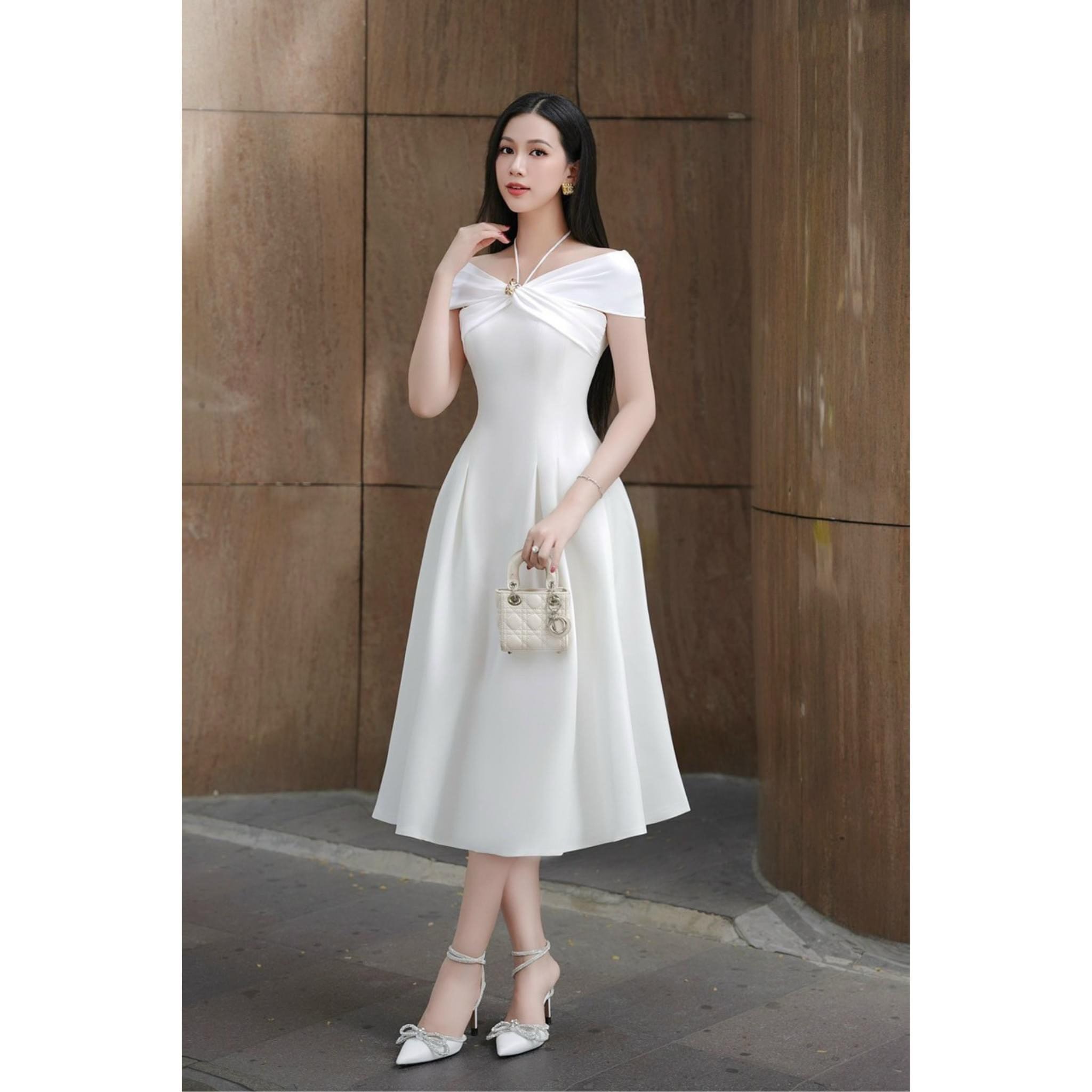 Đầm dự tiệc dáng xoè hở vai cột dây cổ sang trọng Alvin Store 1617 (Trắng)