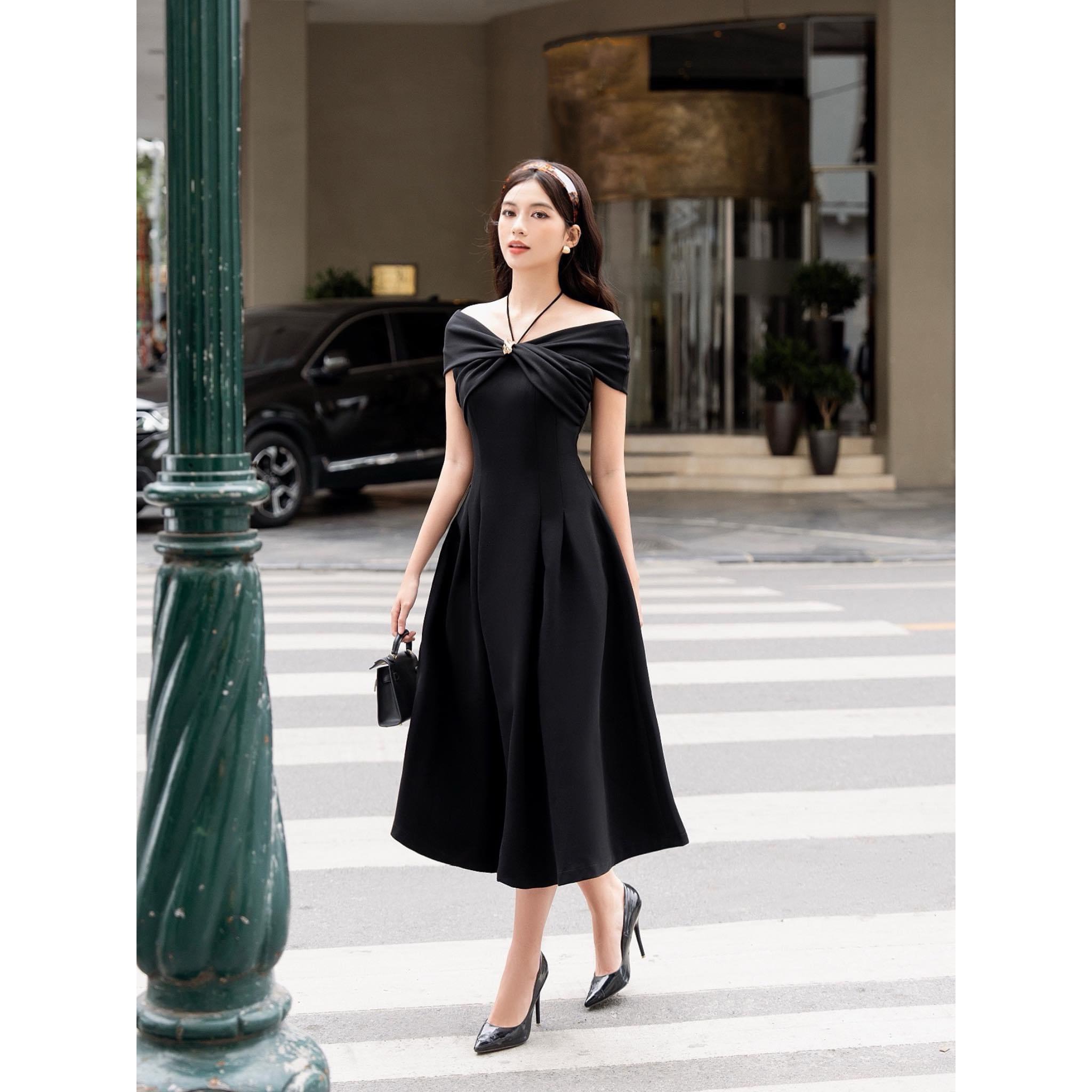 Đầm dự tiệc dáng xoè hở vai cột dây cổ sang trọng Alvin Store 1617 (Trắng)