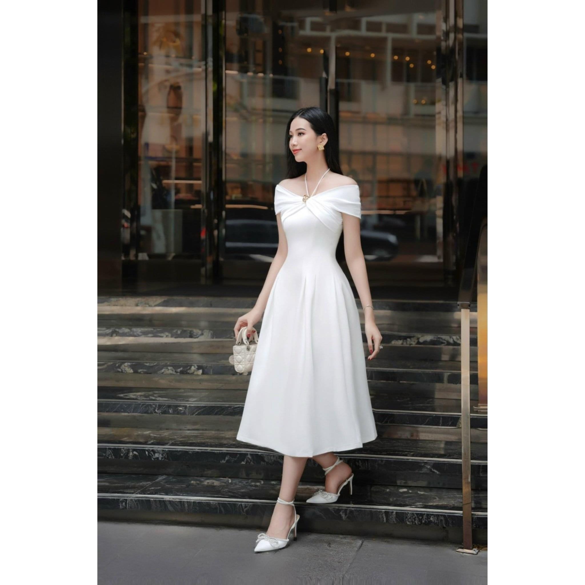 Đầm dự tiệc dáng xoè hở vai cột dây cổ sang trọng Alvin Store 1617 (Trắng)