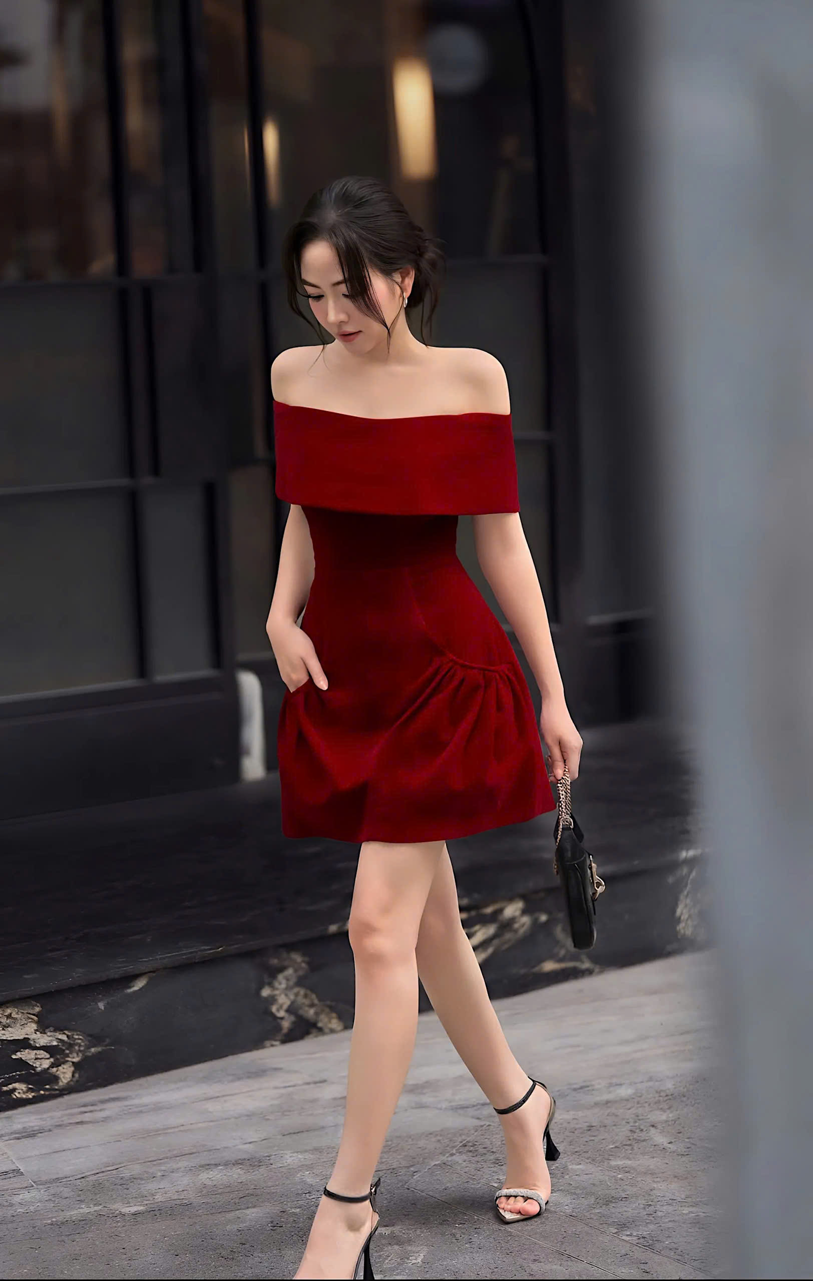 Đầm dự tiệc dáng xoè ngắn vai ngang phối túi sang trọng Alvin Store 1620 (Đen)