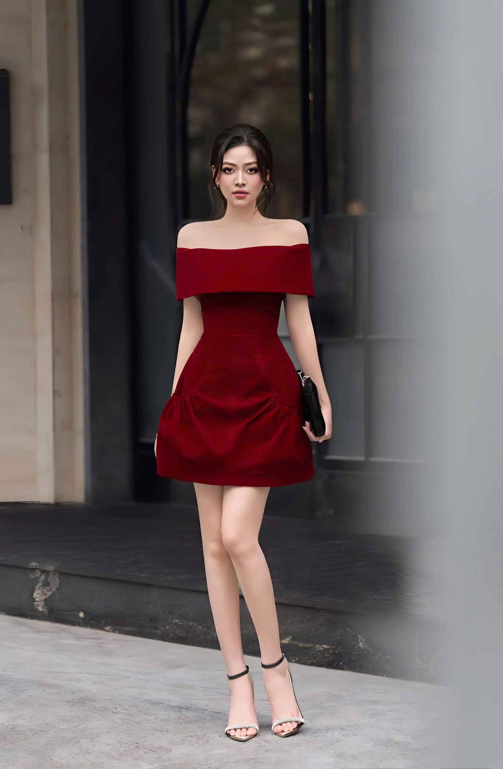 Đầm dự tiệc dáng xoè ngắn vai ngang phối túi sang trọng Alvin Store 1620 (Đen)