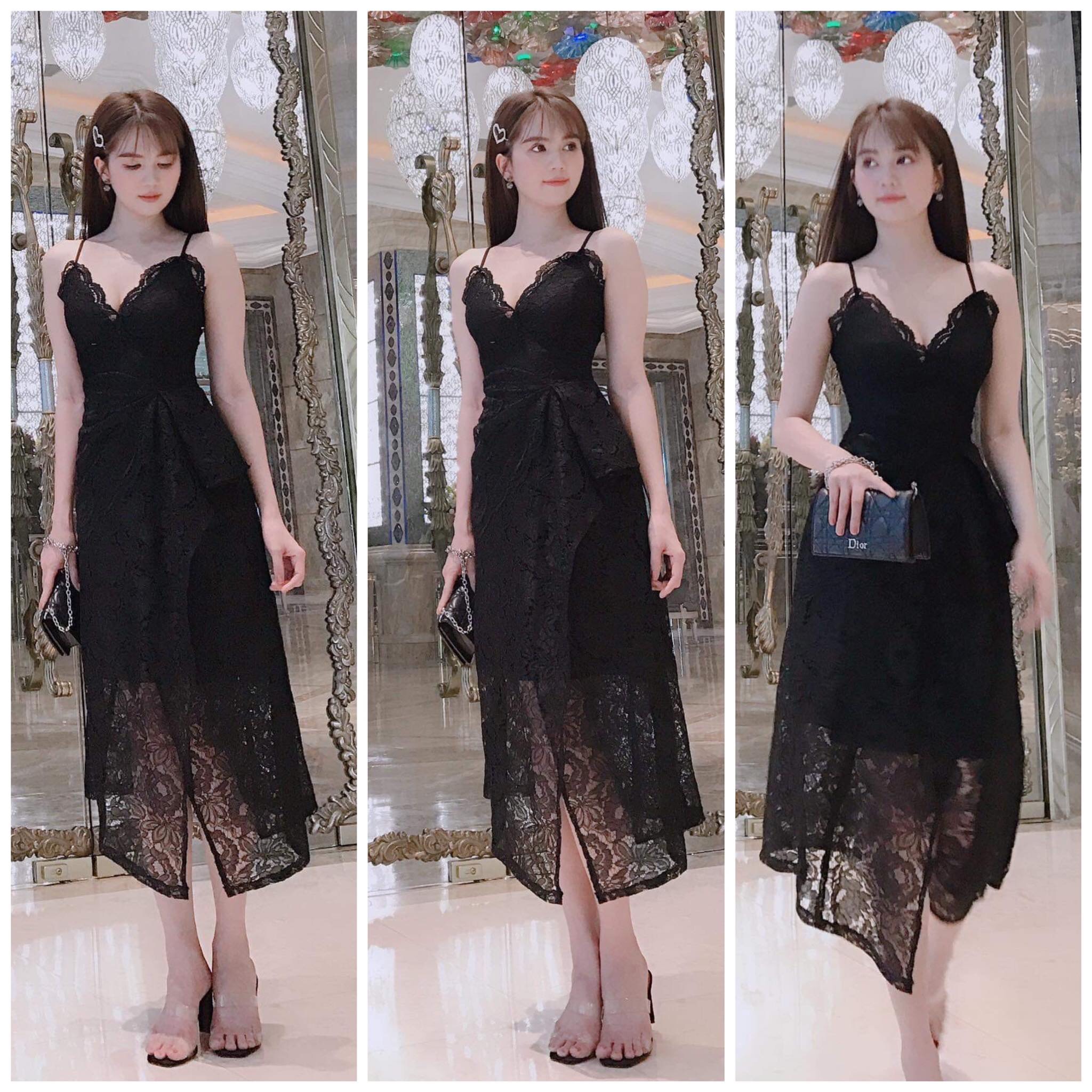 Đầm ren xòe kiểu hai dây xẻ tà cách điệu (Nude)