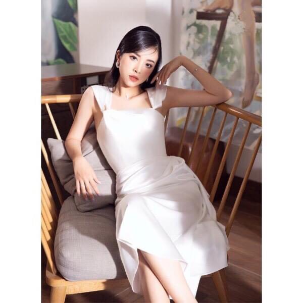 Đầm ôm body kiểu cúp ngực lệch vai phối bèo (Trắng)