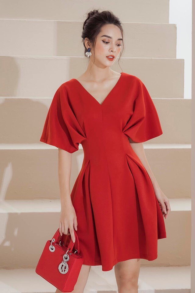 Đầm xòe kiểu chữ A tay liền xếp ly (Hồng cam)