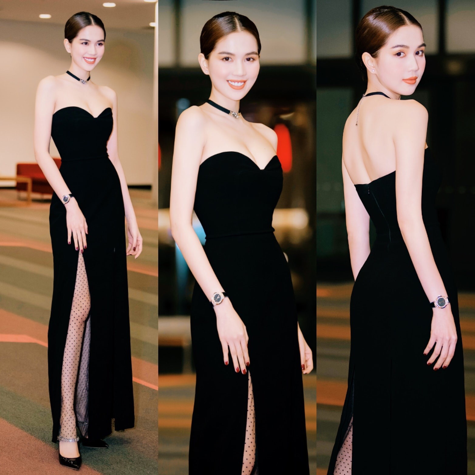 Đầm dạ hội kiểu cúp ngực xẻ tà phối lưới