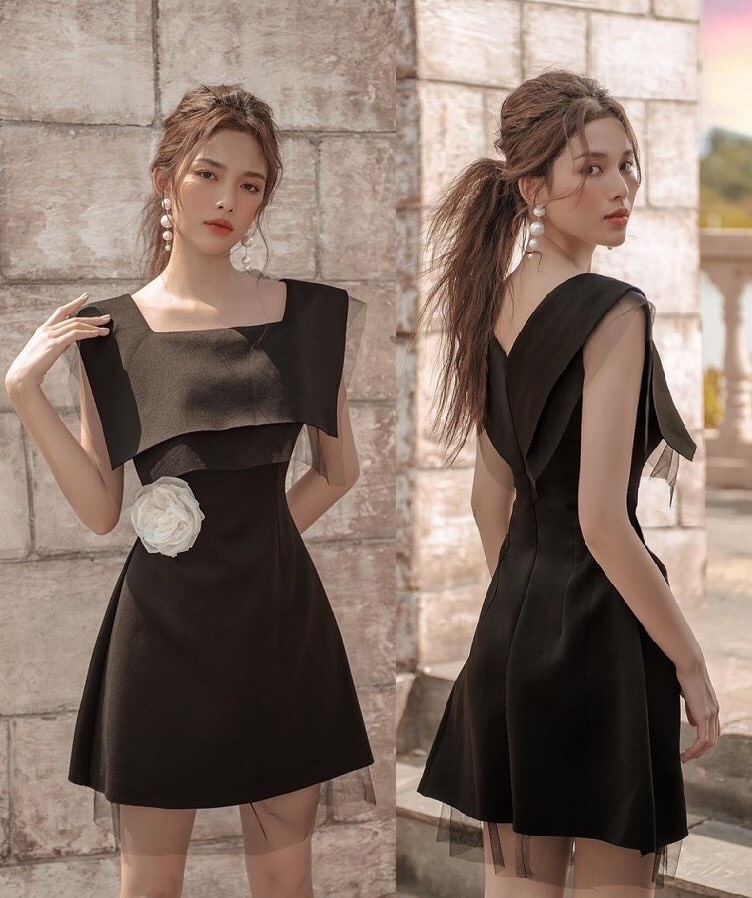 Đầm xòe kiểu cổ vuông bèo phối lưới tặng kèm hoa eo