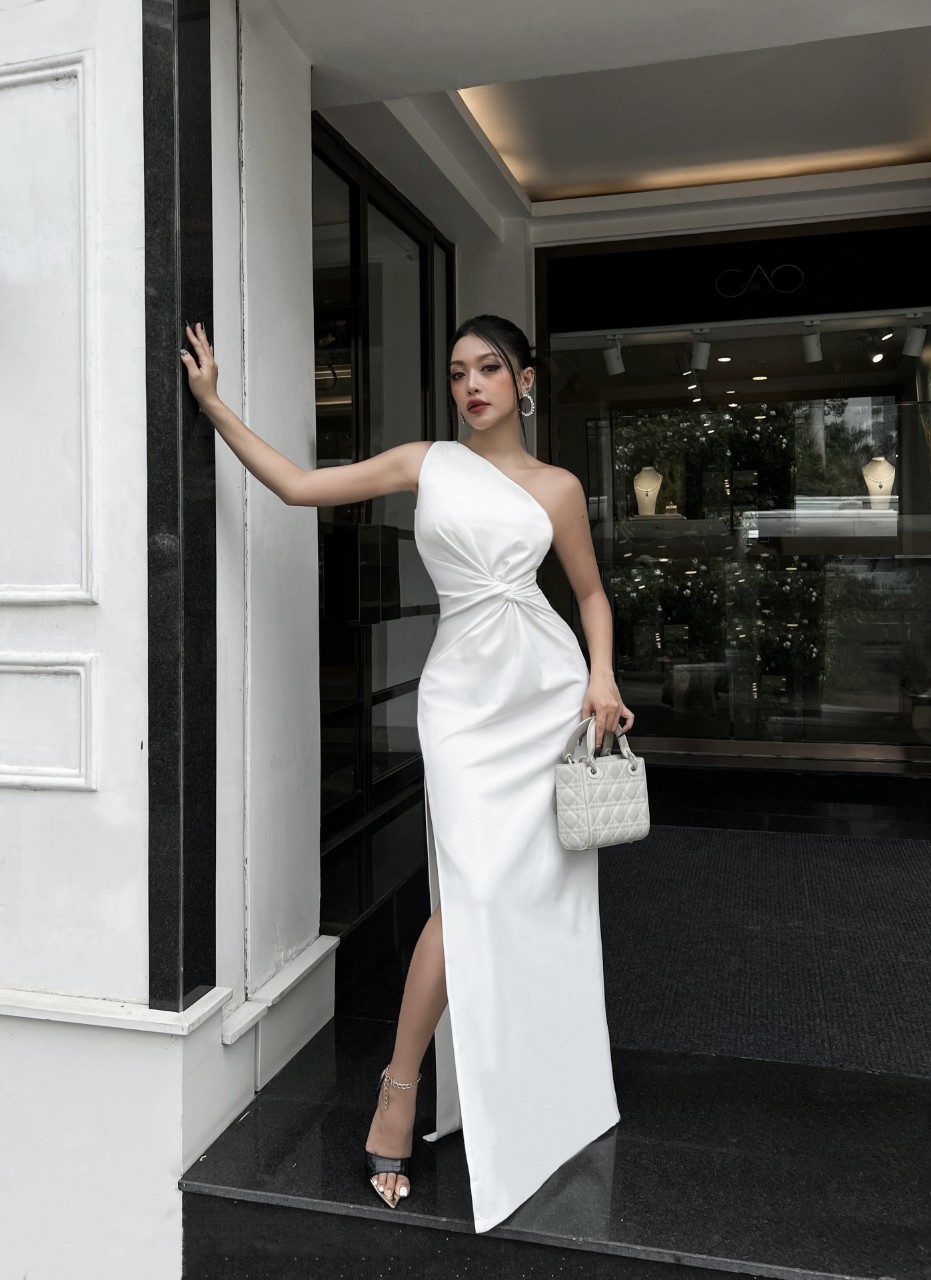 Đầm dự tiệc dáng dạ hội lệch vai xoắn eo xẻ đùi Alvin Store 2693 (Đỏ)