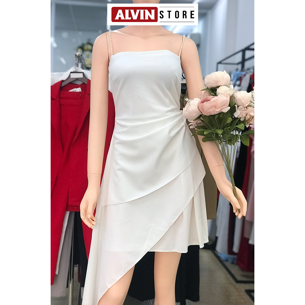 Đầm xòe kiểu hai dây cúp ngực xéo lai (Đỏ)