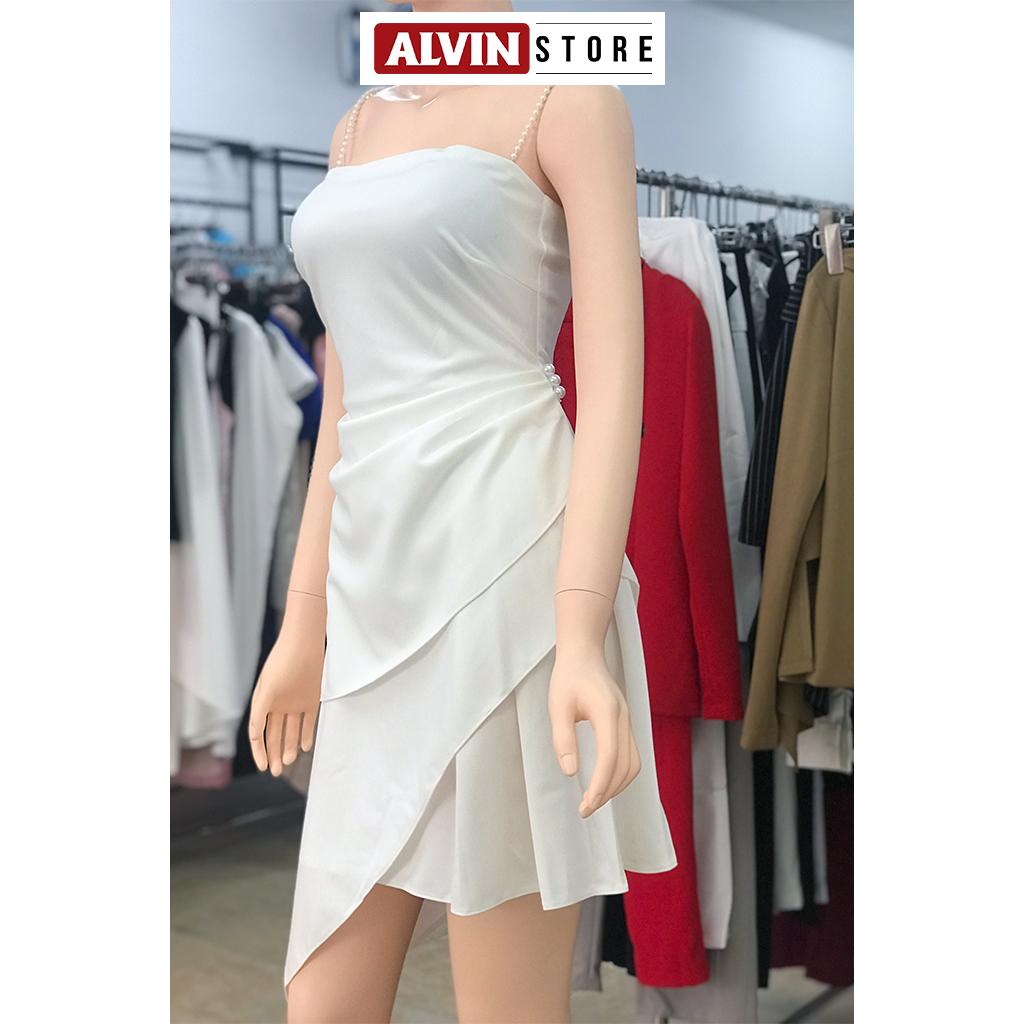 Đầm xòe kiểu hai dây cúp ngực xéo lai (Trắng)