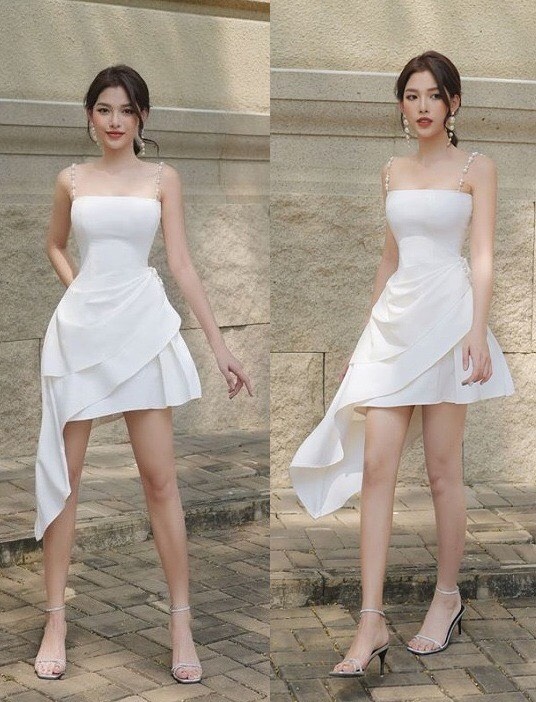 Đầm xòe kiểu hai dây cúp ngực xéo lai (Xanh)