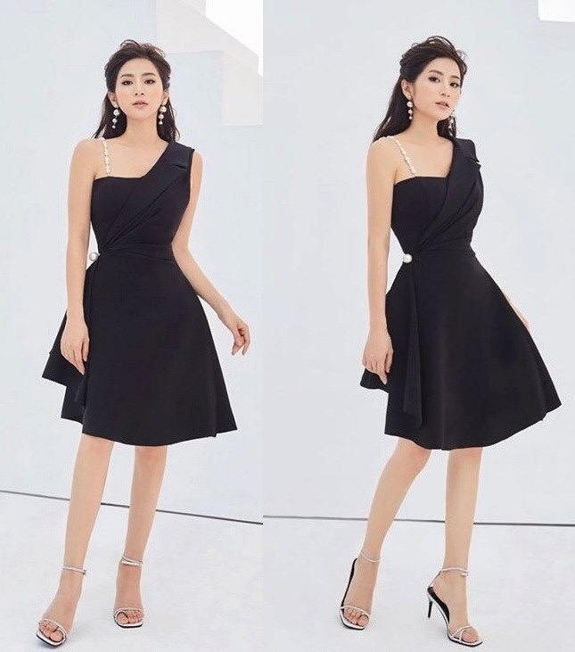 Đầm xòe kiểu lệch vai phối dây ngọc nhún eo (Đỏ đô)