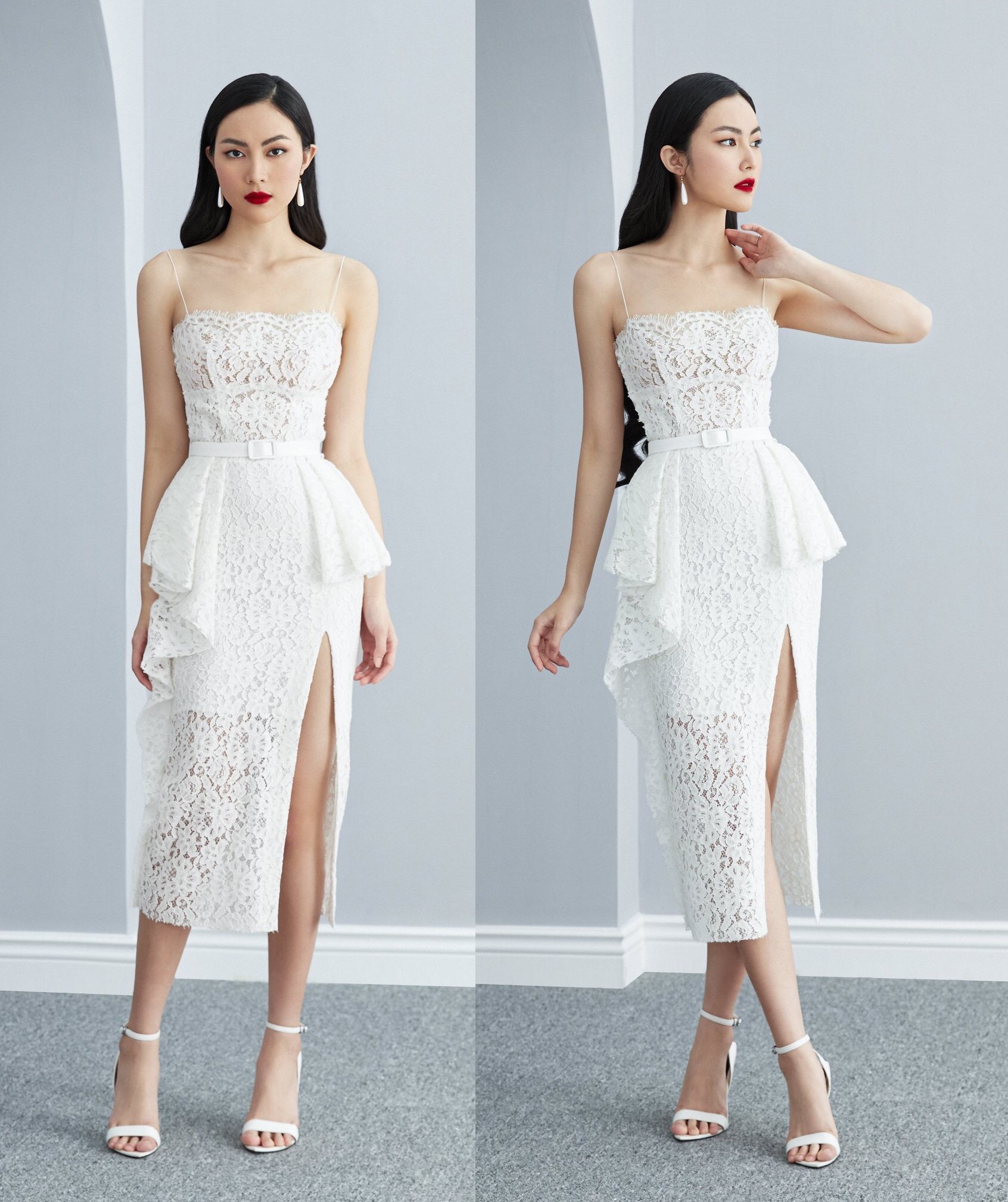 Đầm ren kiểu hai dây cúp ngực xẻ tà