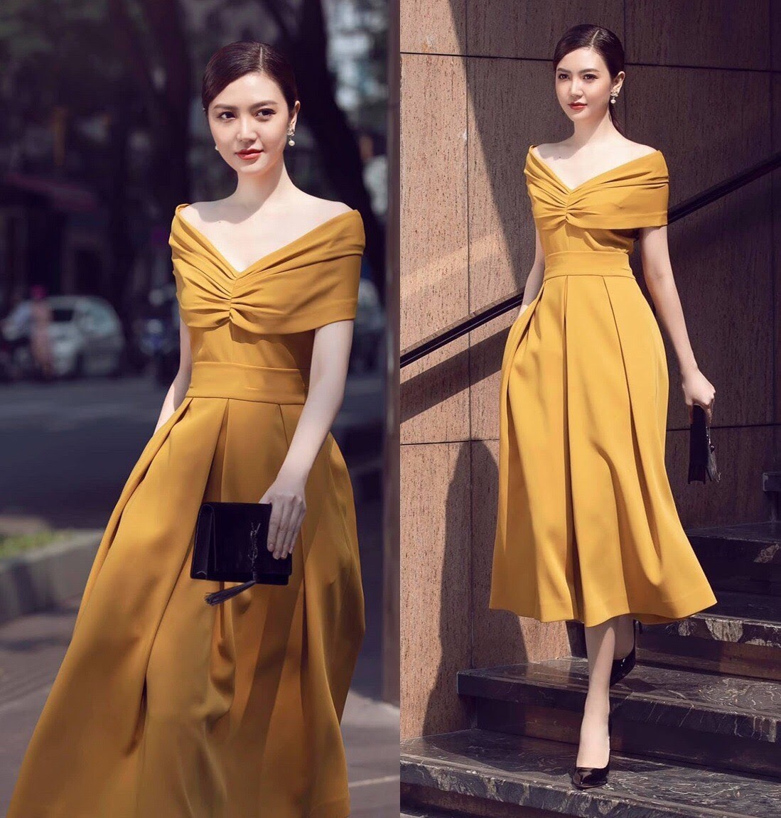 Đầm xoè dài hở vai ngang xếp ly ngực (Nude)