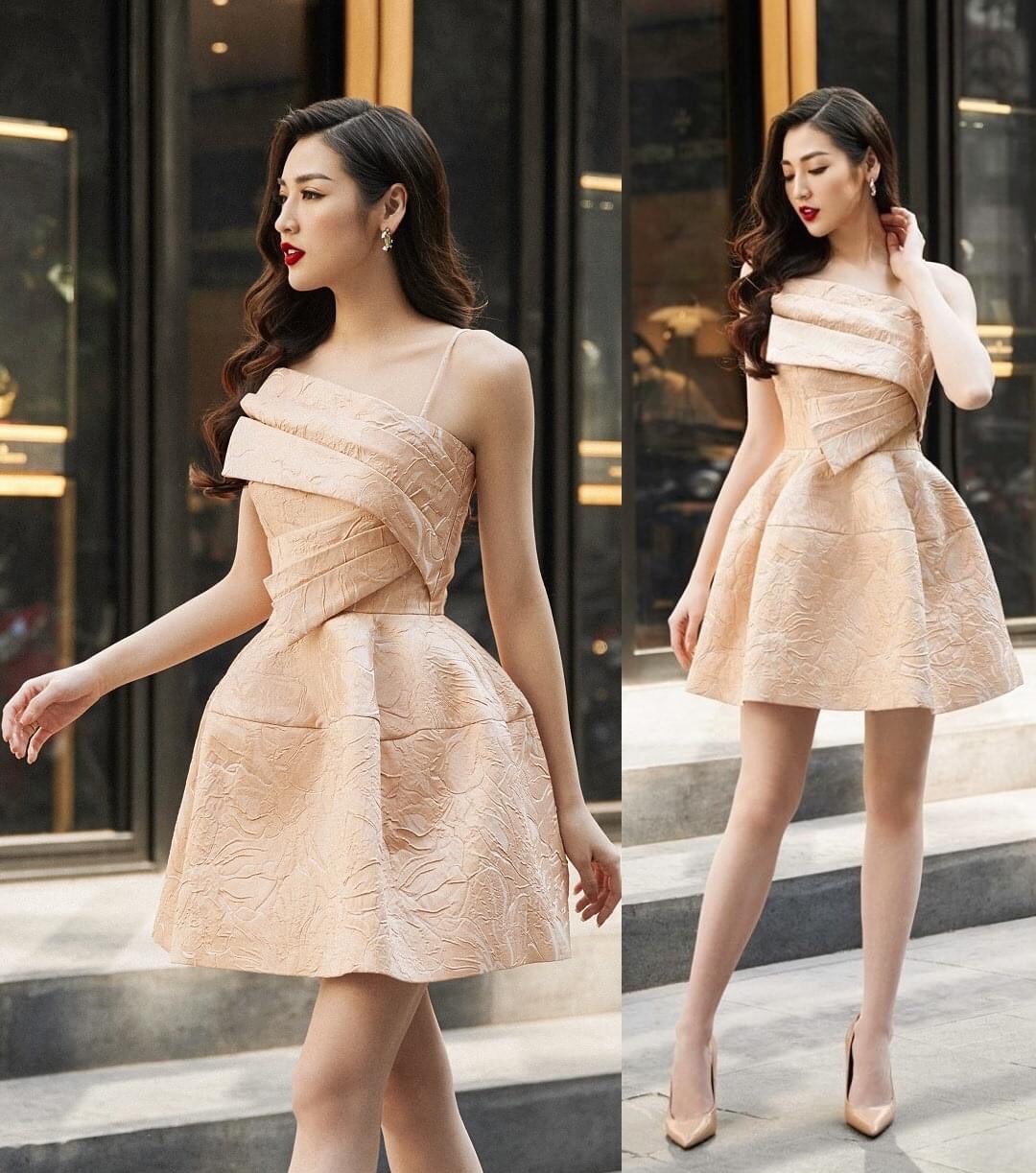 Đầm xòe gấm kiểu hai dây bèo xếp ly trước ngực (Nude)