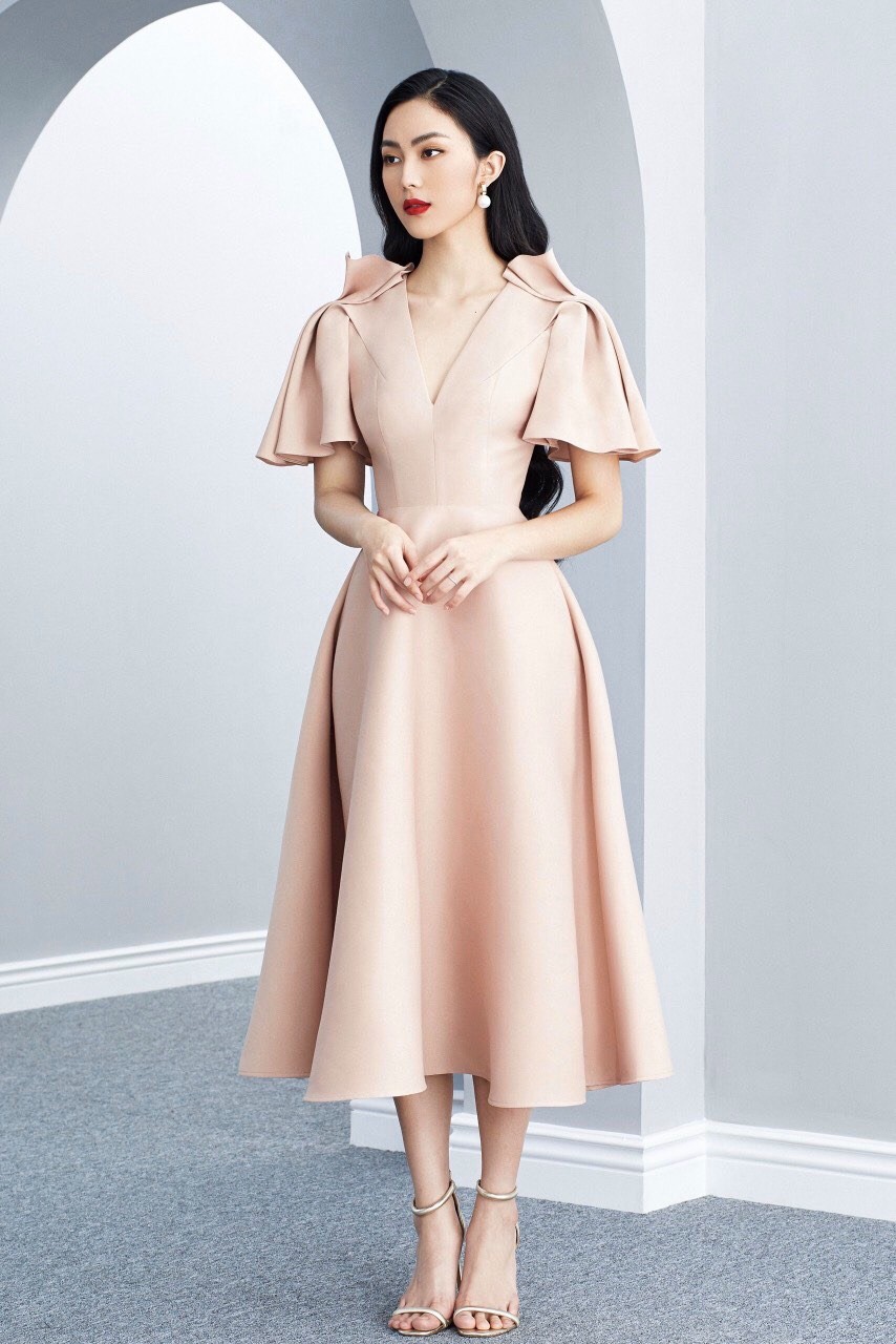 Đầm cổ V họa tiết chấm bi D015 - Cam Fashion & Design