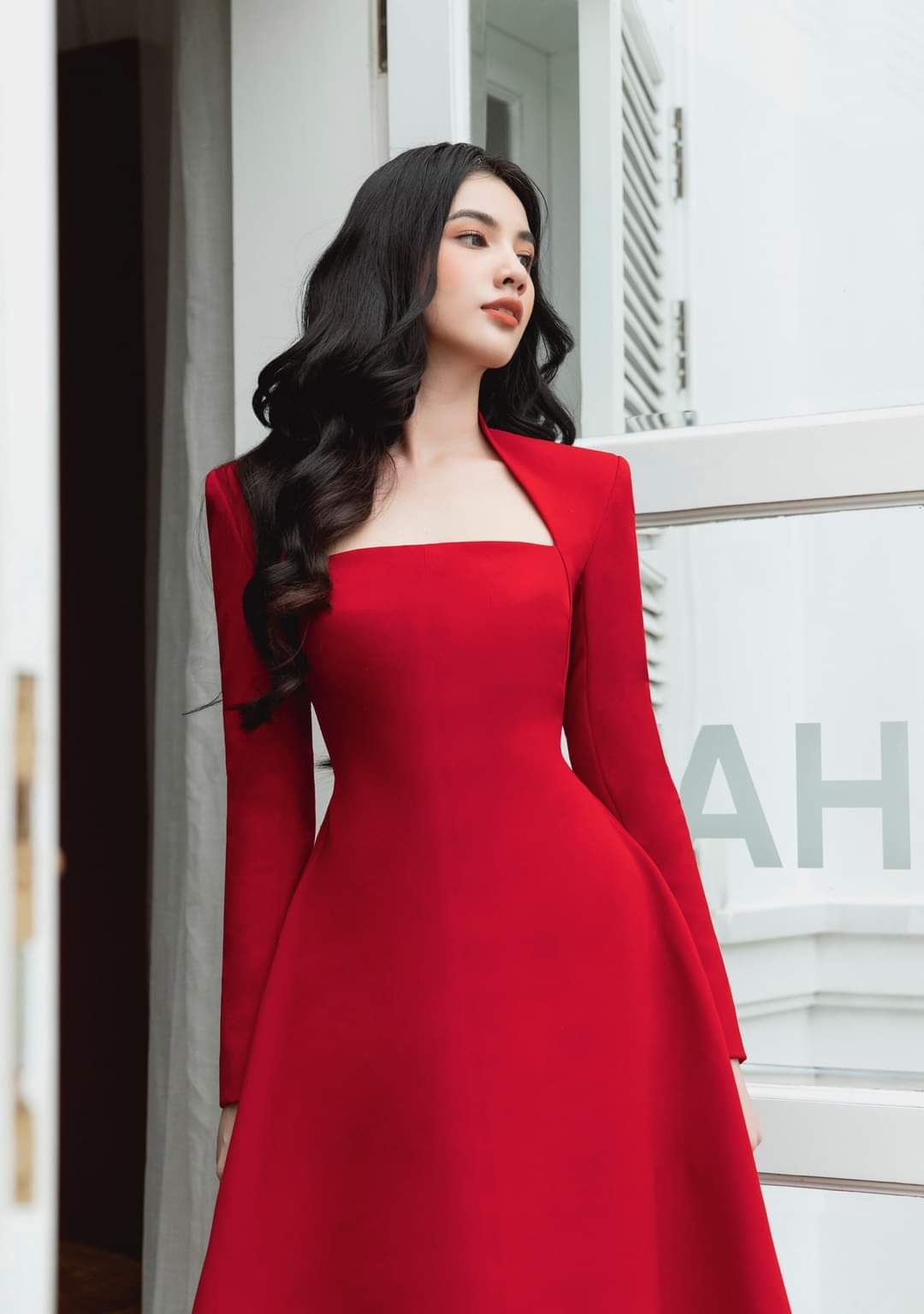 Đầm xòe kiểu tay dài cổ cúp ngực (Trắng)