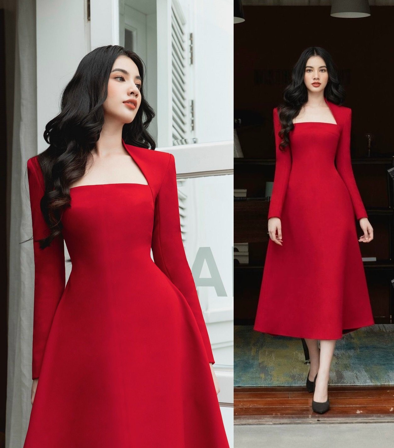 Đầm xòe kiểu tay dài cổ cúp ngực (Đỏ)