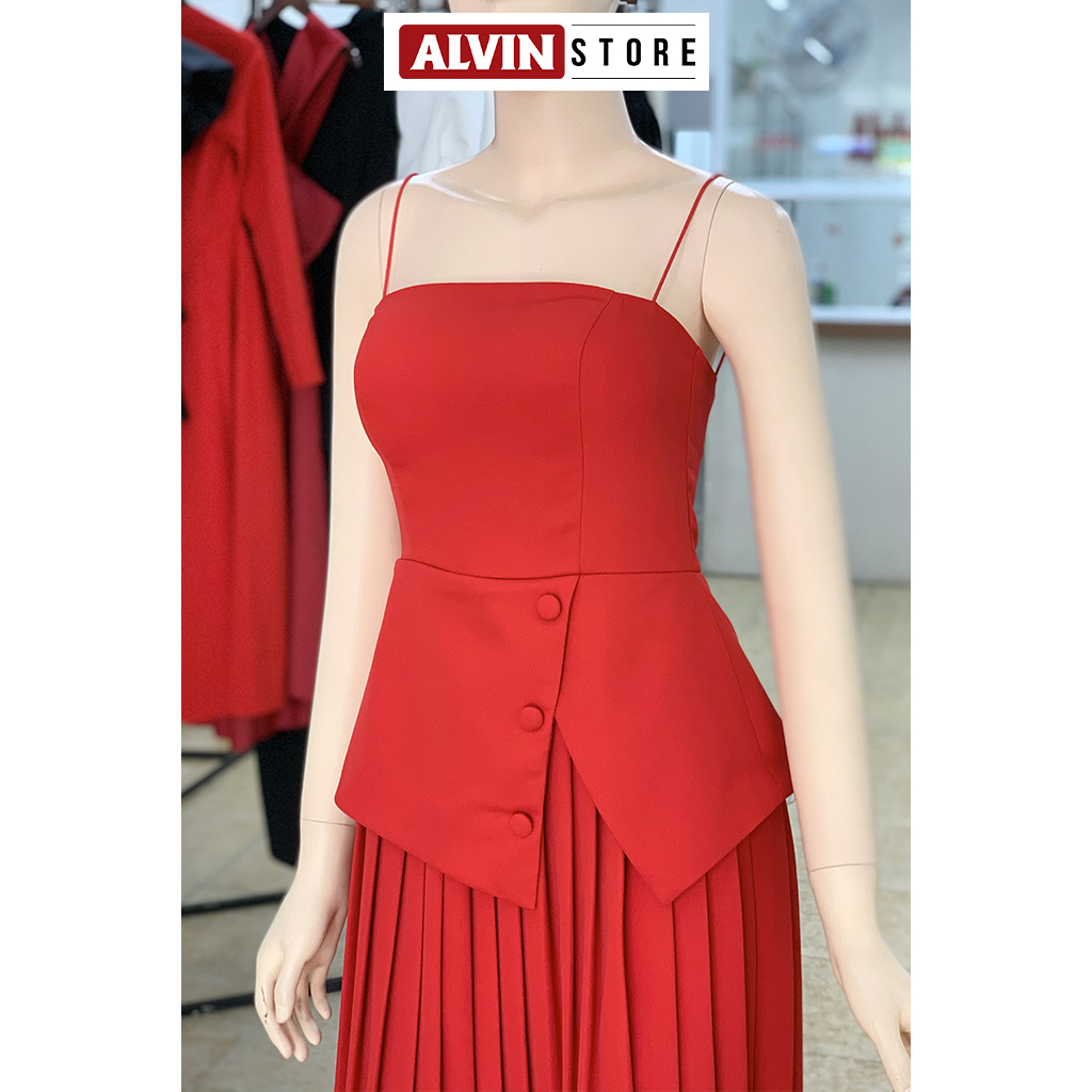 Đầm xòe kiểu hai dây chân váy xếp ly (Hồng)