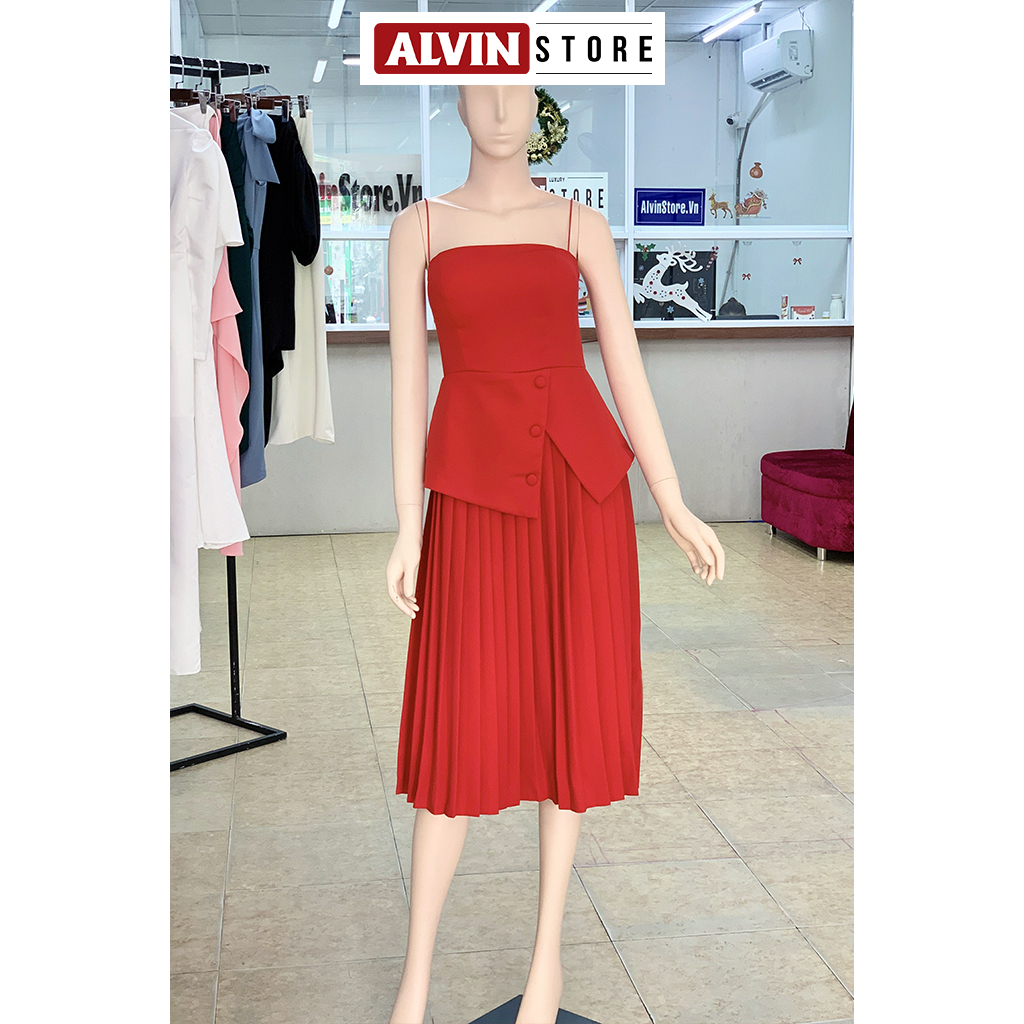 Đầm xòe kiểu hai dây chân váy xếp ly (Hồng)