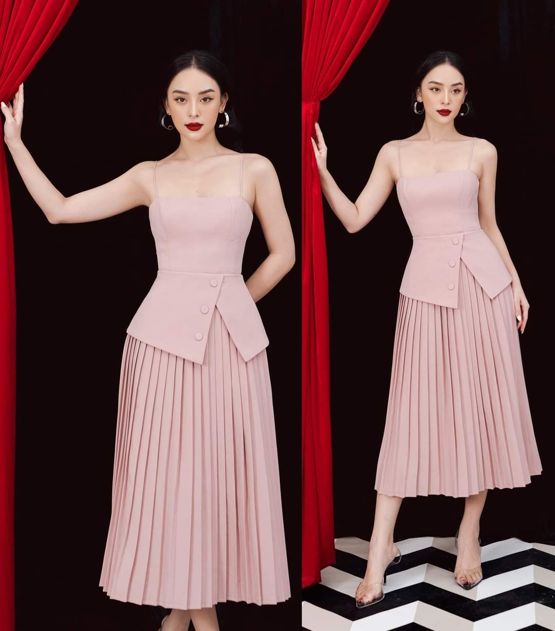 Đầm xòe kiểu hai dây chân váy xếp ly (Đỏ)