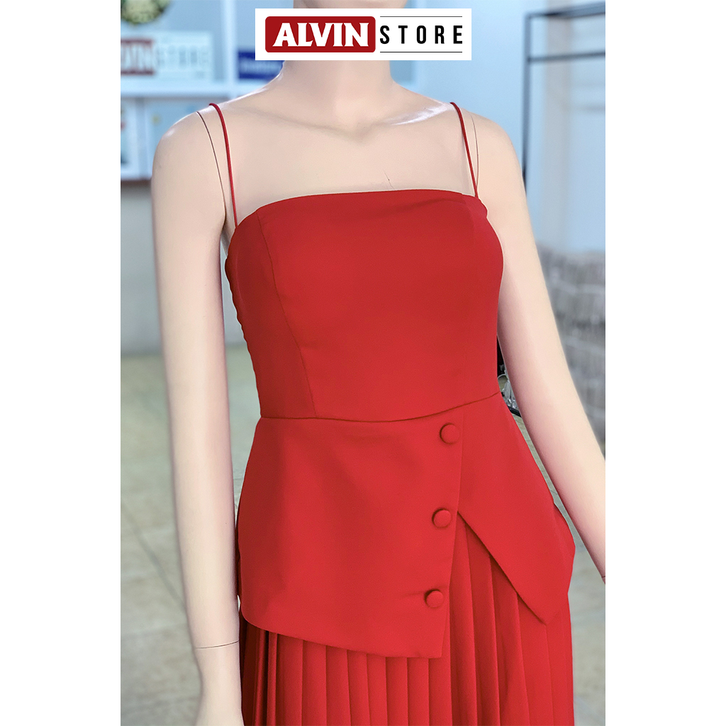 Đầm xòe kiểu hai dây chân váy xếp ly (Đỏ)
