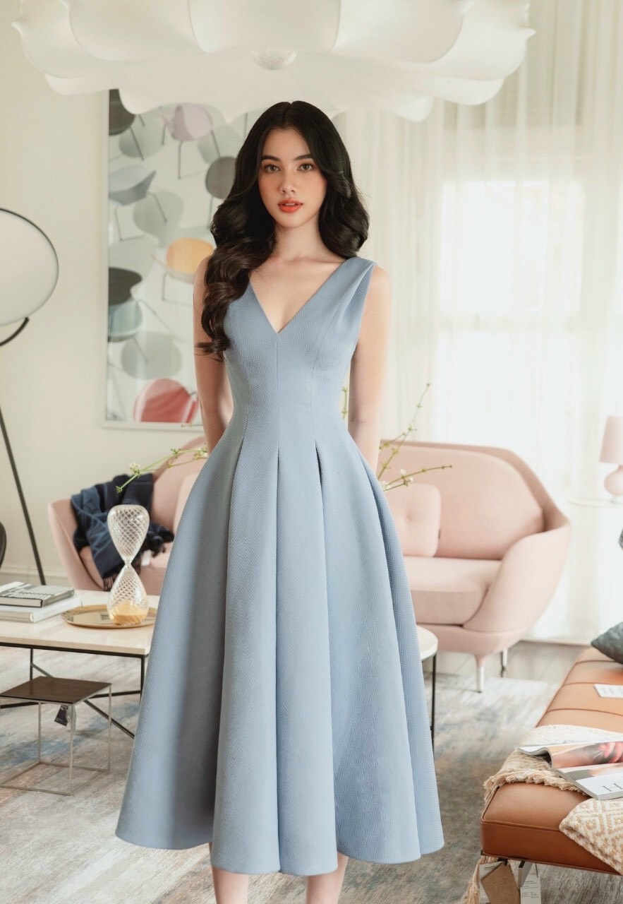 Đầm dáng xoè sát nách cổ V phối túi cao cấp