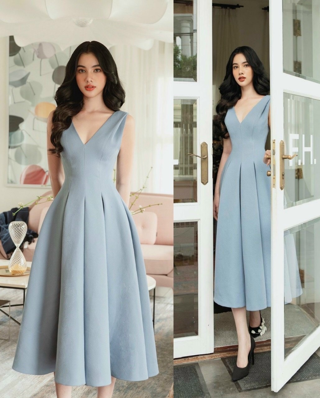 Đầm dáng xoè sát nách cổ V phối túi cao cấp