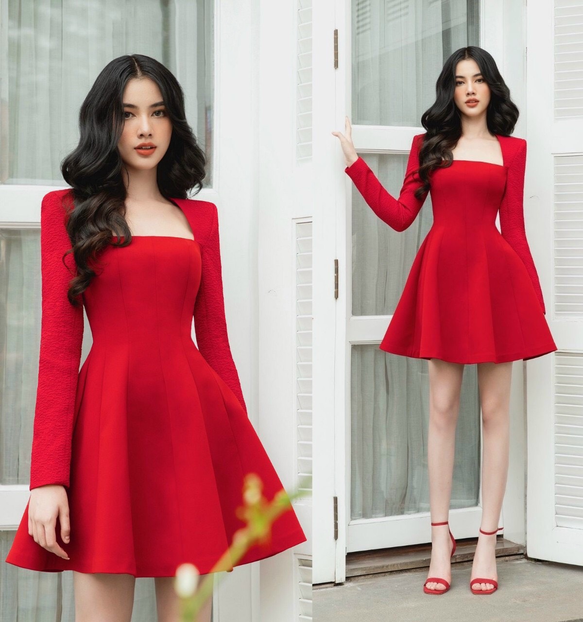 Đầm dáng xoè ngắn trên gối tay dài cổ vuông cúp ngực