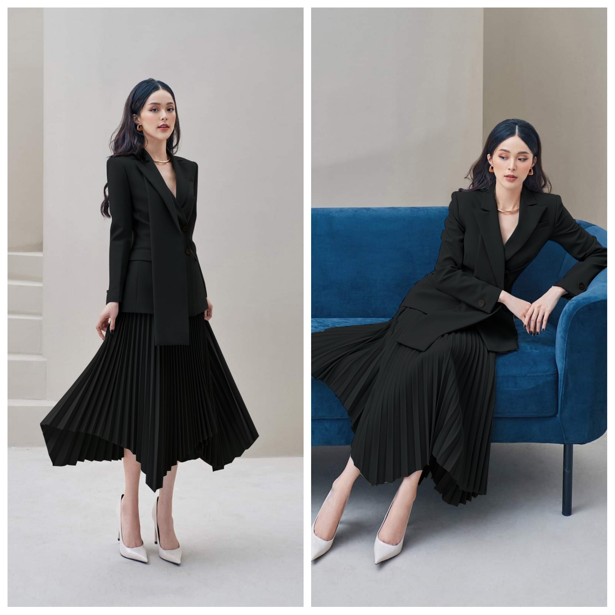 Set áo váy kiểu áo vest tay dài chân váy xếp ly ( Xanh )