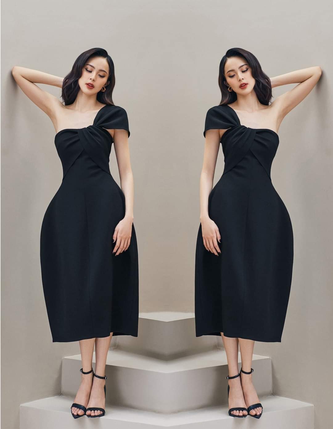 Đầm xòe phồng lệch vai nơ ngực dự tiệc