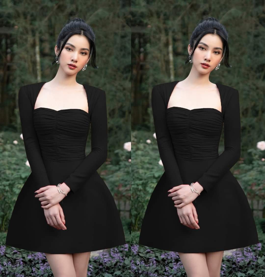 Đầm xòe dáng ngắn tay dài cúp ngực rút nhún Alvin Store 2931 ( Đen )
