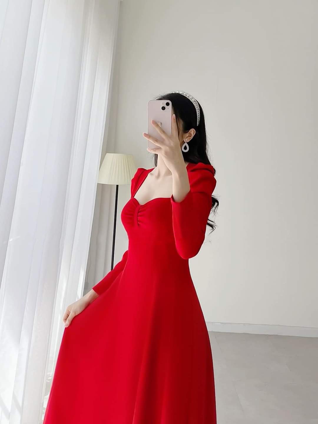 Đầm xòe dáng dài cúp ngực phối nơ tay dài Alvin Store 2934 (Trắng)