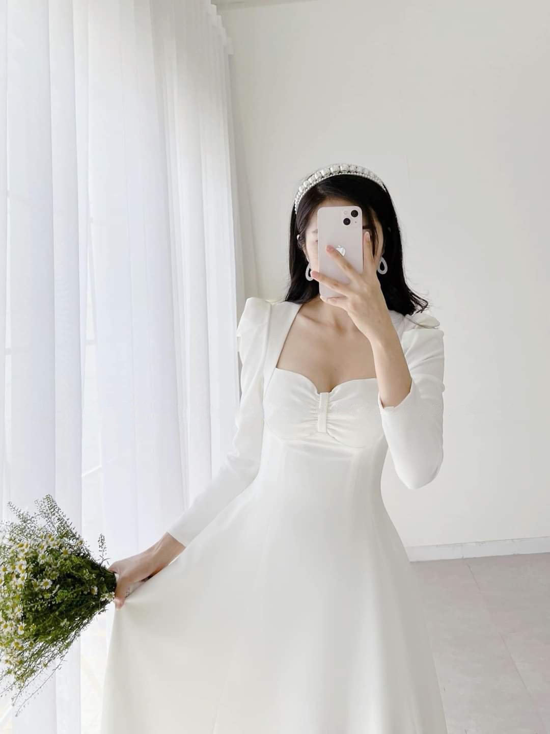 Đầm xòe dáng dài cúp ngực phối nơ tay dài Alvin Store 2934 (Trắng)