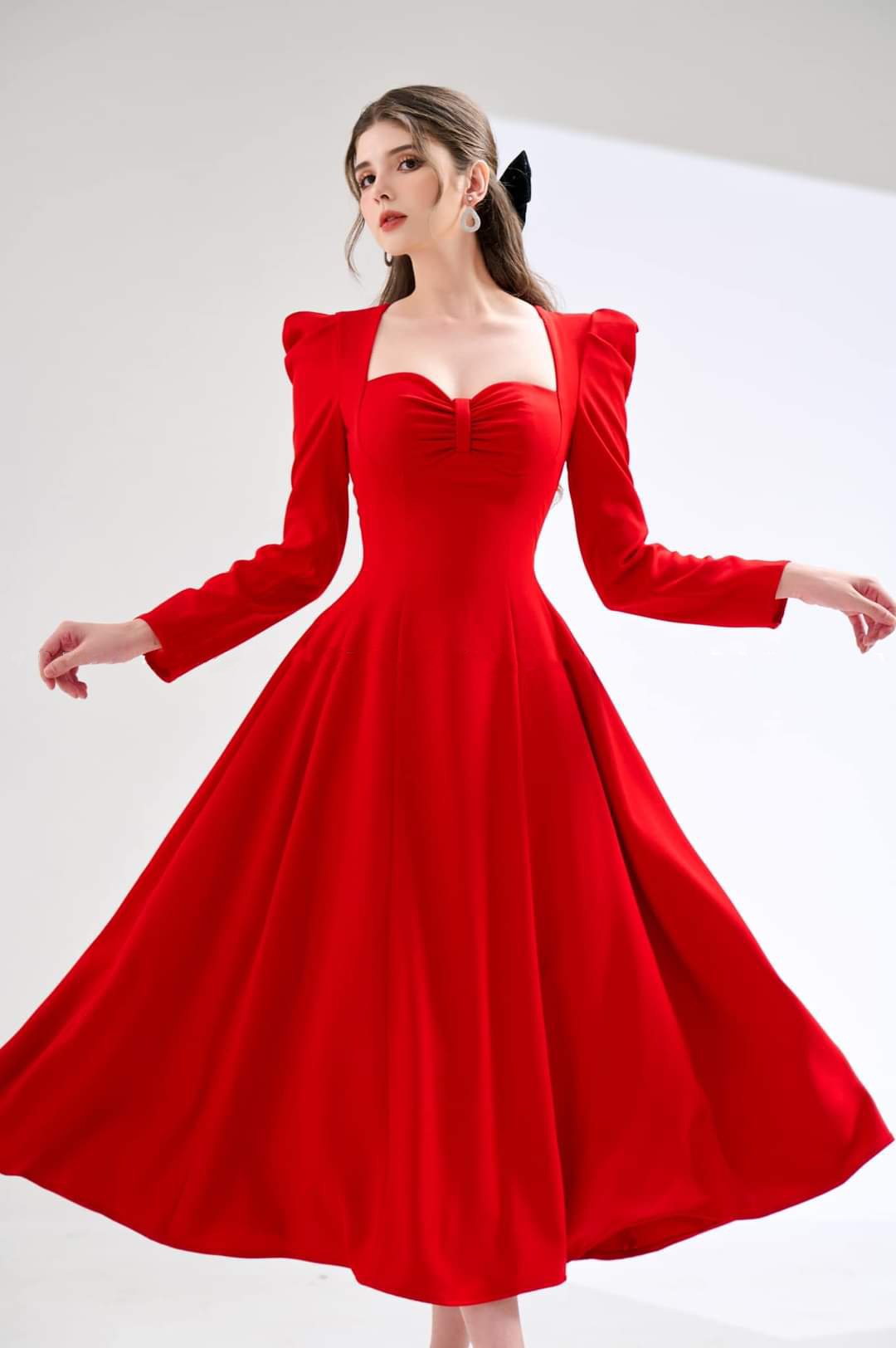 Đầm xòe dáng dài cúp ngực phối nơ tay dài Alvin Store 2934 (Đỏ)