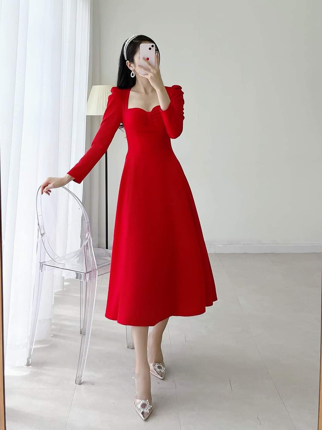 Đầm xòe dáng dài cúp ngực phối nơ tay dài Alvin Store 2934 (Đỏ)