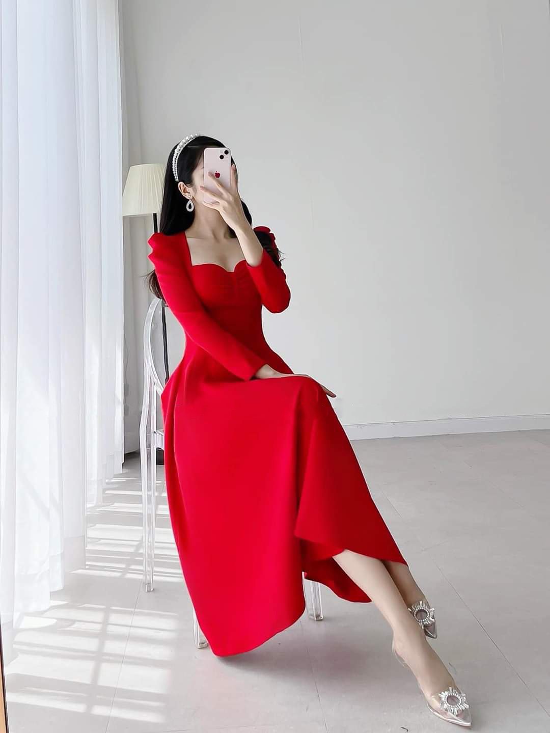 Đầm xòe dáng dài cúp ngực phối nơ tay dài Alvin Store 2934 (Đỏ)