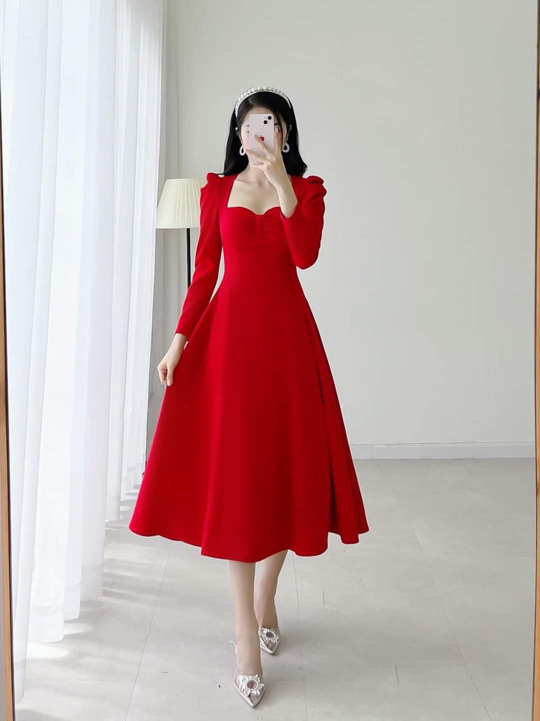 Đầm xòe dáng dài cúp ngực phối nơ tay dài Alvin Store 2934 (Đỏ)