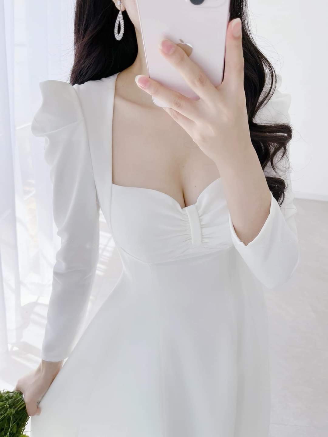 Đầm xòe dáng dài cúp ngực phối nơ tay dài Alvin Store 2934 (Trắng)