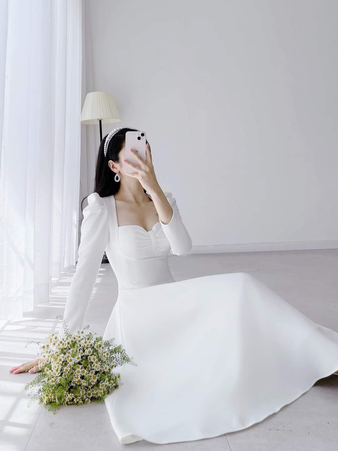 Đầm xòe dáng dài cúp ngực phối nơ tay dài Alvin Store 2934 (Trắng)