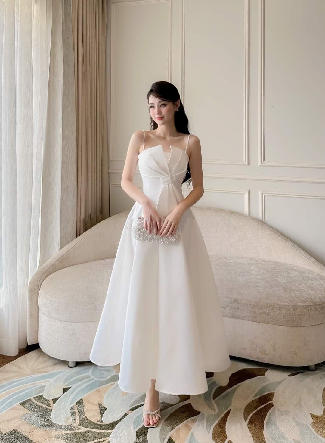 Đầm xòe dài hai dây cúp ngực phối nơ Alvin Store 2935 (Đen)