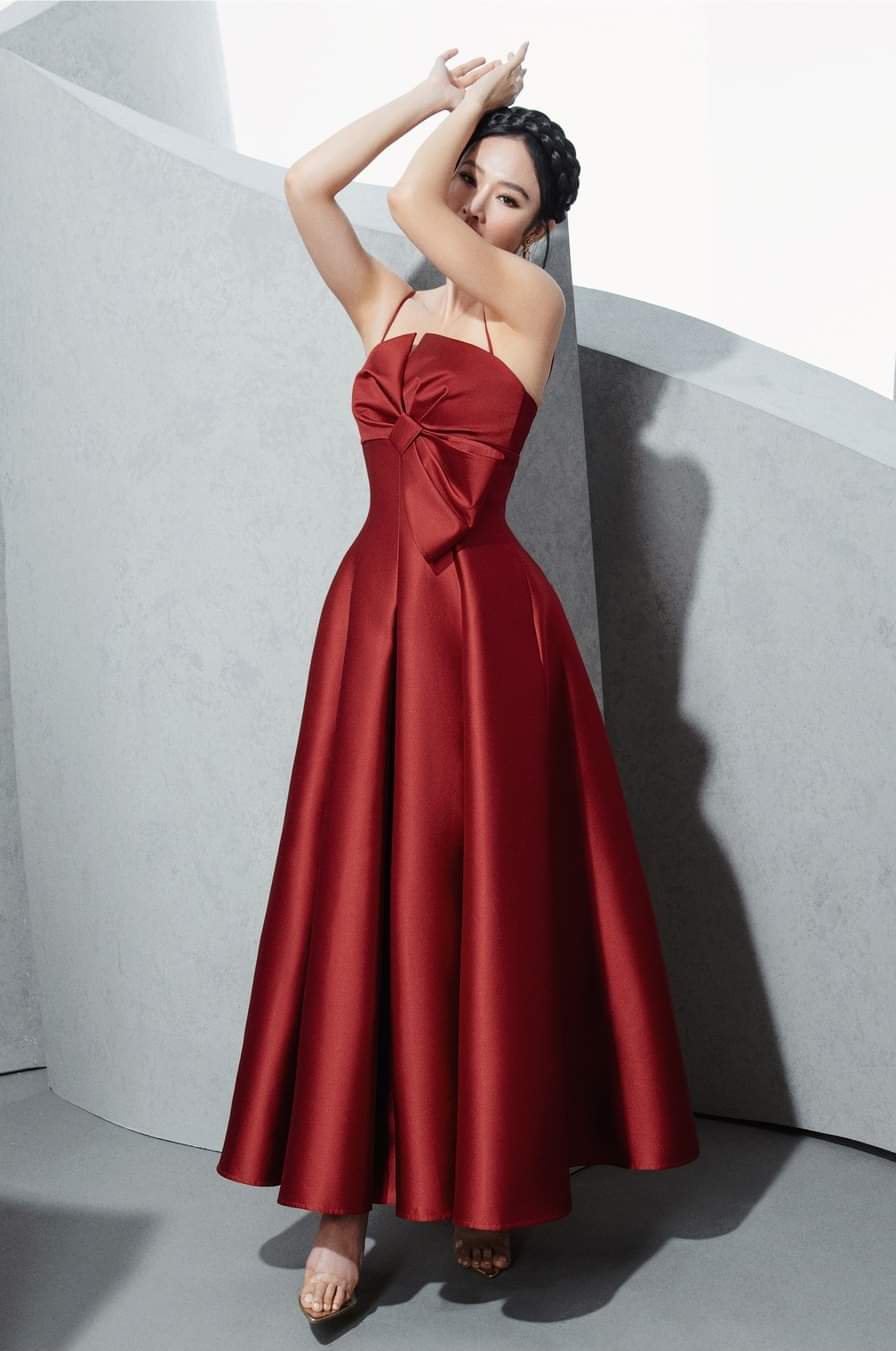 Đầm xòe dài hai dây cúp ngực phối nơ Alvin Store 2935 (Đỏ)