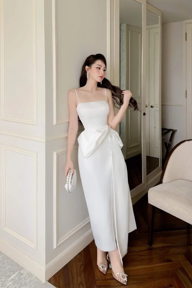 Đầm dạ hội kiểu hai dây cúp ngực phối nơ eo dự tiệc Alvin Store 2937 (Trắng)