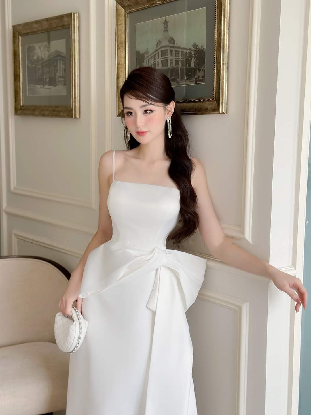 Đầm dạ hội kiểu hai dây cúp ngực phối nơ eo dự tiệc Alvin Store 2937 (Đen)