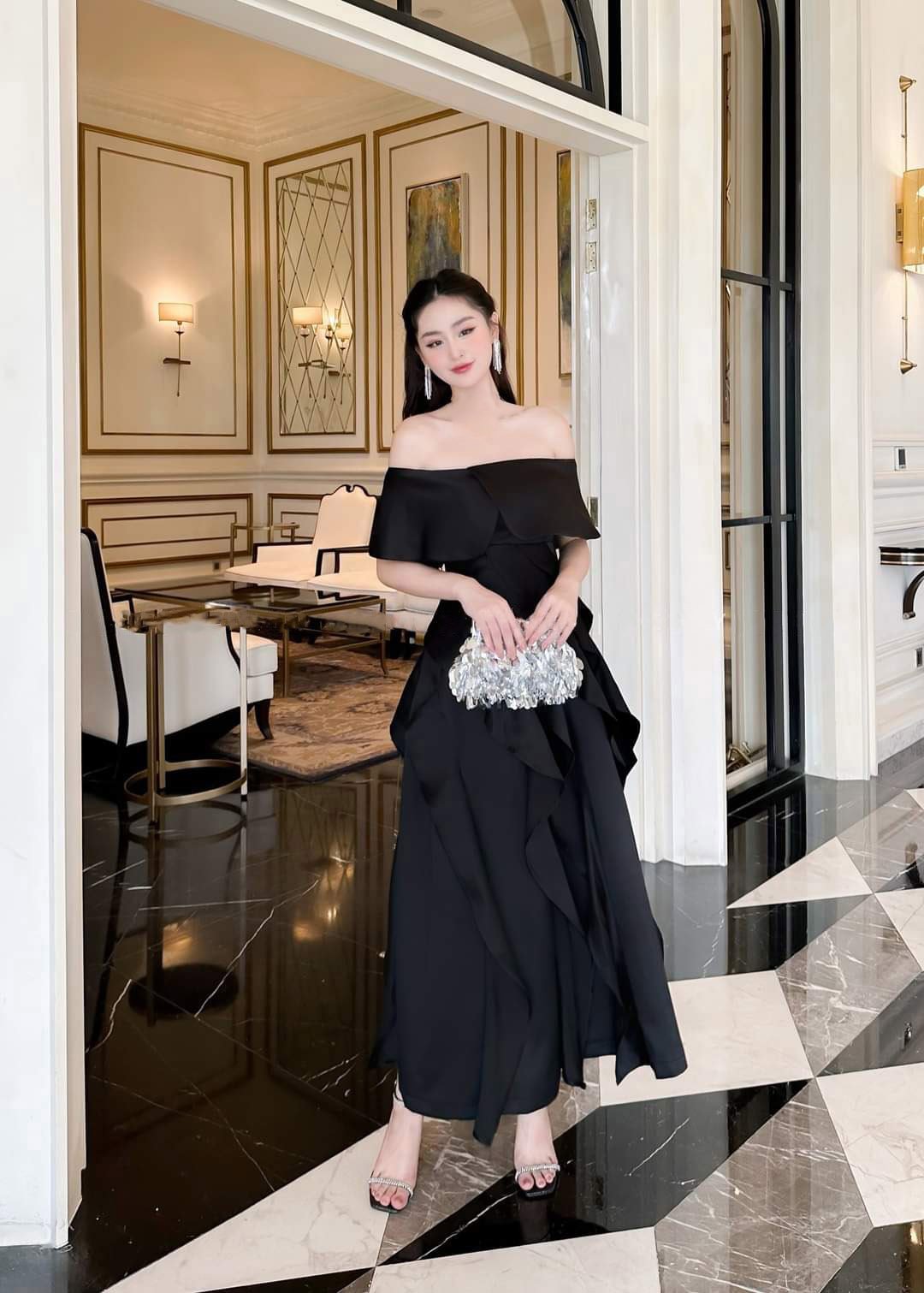 Đầm dự tiệc dáng xòe hở vai ngang phối bèo sang trọng Alvin Store 2942 (Trắng)