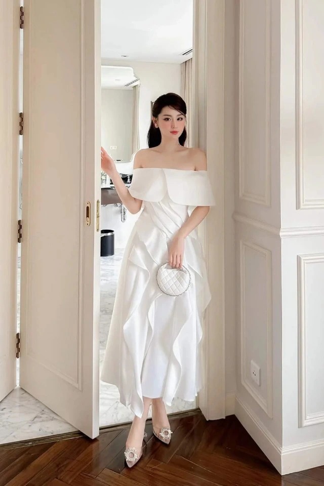 Đầm dự tiệc dáng xòe hở vai ngang phối bèo sang trọng Alvin Store 2942 (Trắng)